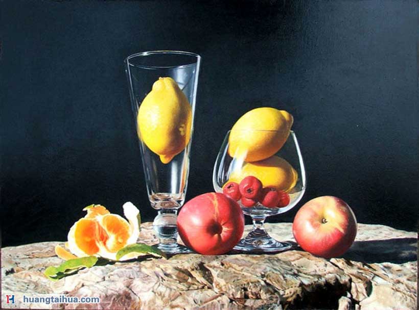 静物画,静物画图片,苹果,玻璃杯里的柠檬