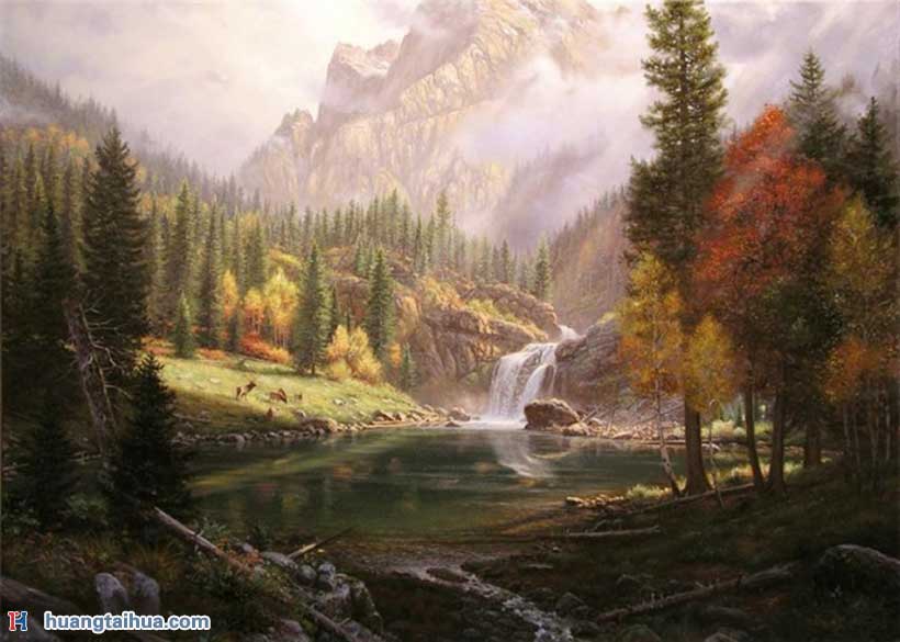 雪山溪流风景油画,山川峡谷油画图片