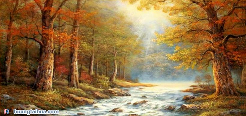 阳光下的红树林,溪流两边的红叶林,森林景油画图片