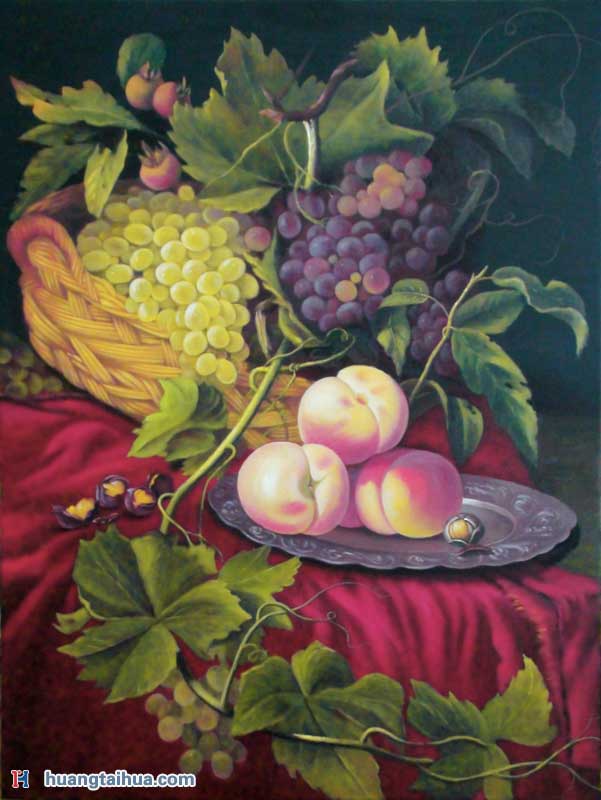 餐厅挂画精品餐厅作品图片古典葡萄与桃子水果油画作品创作_竖幅