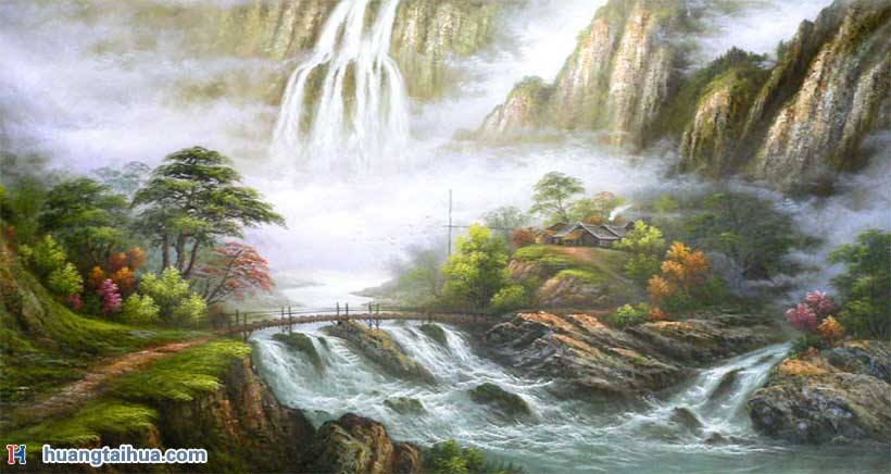 小桥流水人家,高山瀑布油画,山水画油画图片