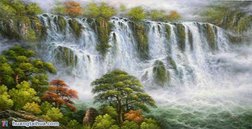 山水画油画-气势磅礴大瀑布,气势雄伟浩大流水风景油画作品