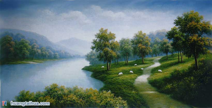绵羊,河流边上草原,吃草,草原景油画图片
