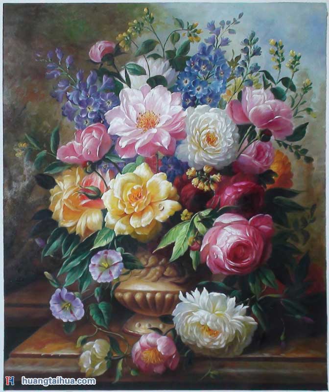 紫罗兰-牵牛-月瑰花，古典花卉作品创作古典花优秀经典油画图片作品