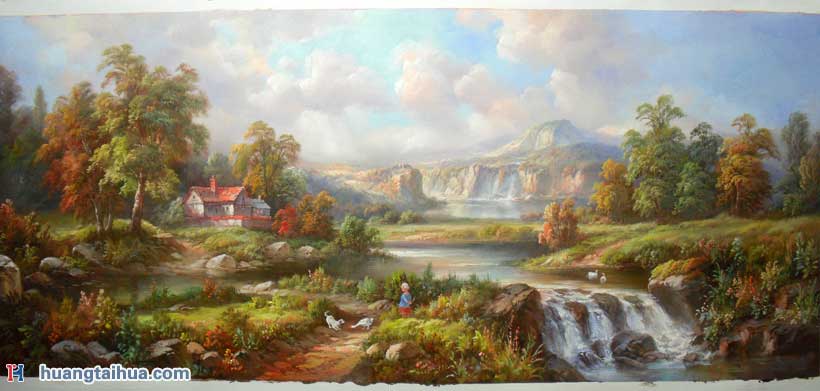 欧美田园,山水画,小溪流水风景,山水画油画图片