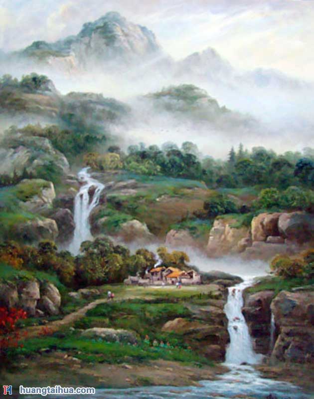 山水画油画-细水长流竖幅高山流水风景油画作品