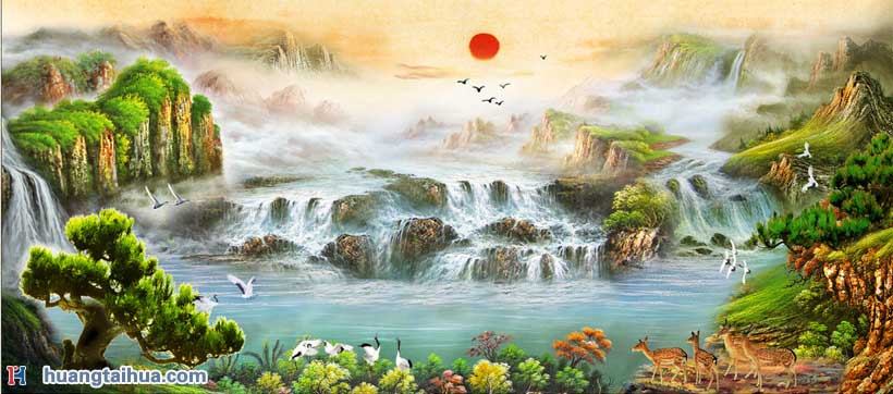 高山流水,红太阳风景油画,山水画油画图片