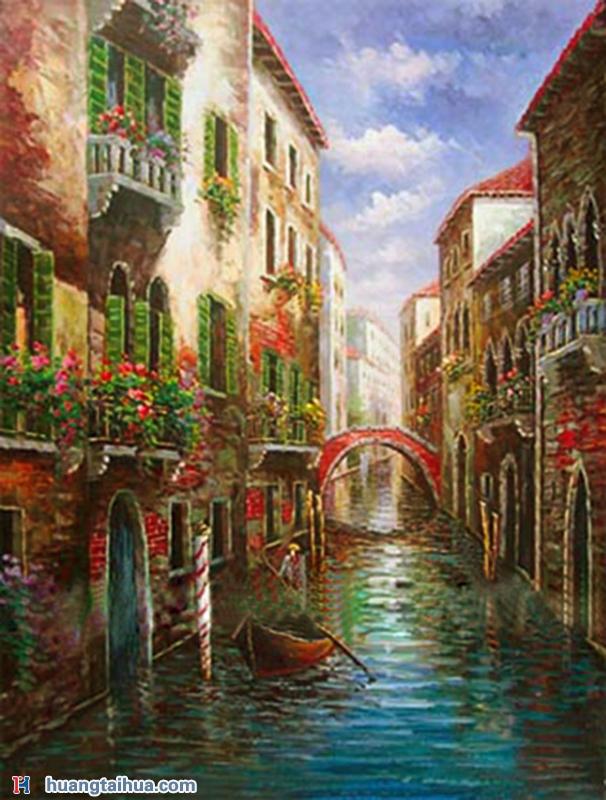 威尼斯水道穿行的船夫，船夫穿行在威尼斯水道上油画风景威尼斯水道穿行的船夫，船夫穿行在威尼斯水道上油画风景作品图片